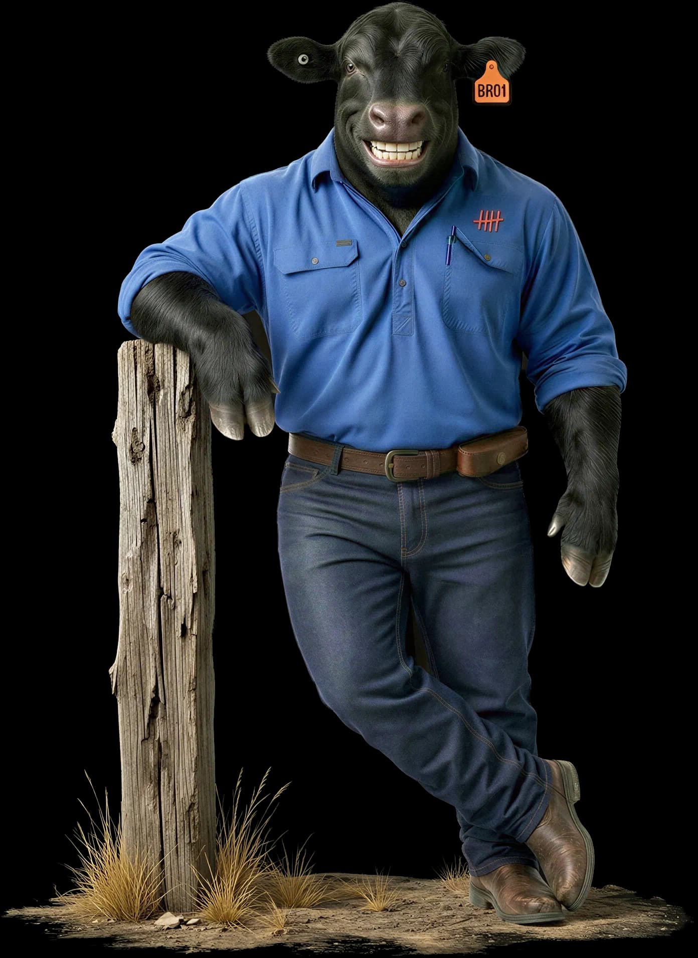 Brangus leaning on a post beside the chat panel